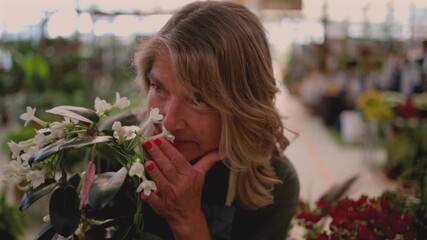 Knowledgeable female horticulturist at a nursery assisting a young couple in selecting a fragrant jasmine plant. Sharing her expertise and passion for gardening in a friendly and professional manner - Powered by Adobe