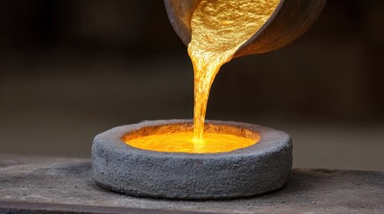 Molten liquid metal pouring into a mold, showcasing the casting process of metal, vibrant gold color, glowing liquid in a workshop environment
