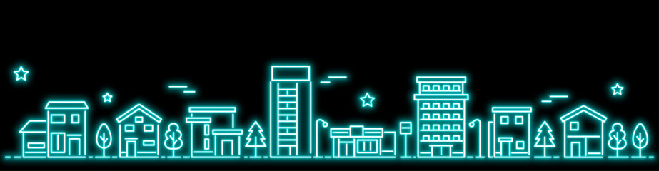 青いネオンのシンプルな街並み バナーサイズ
