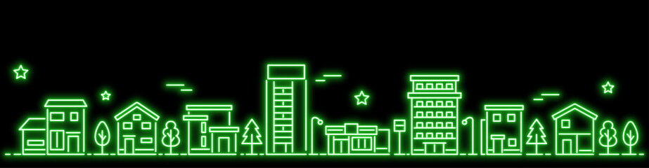 シンプルなネオンカラーの街並み バナーサイズ  緑