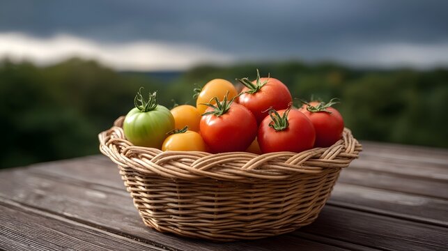 A basket of fresh red yellow and green tomatoes on a rustic wooden table under a stormy sky - Powered by Adobe