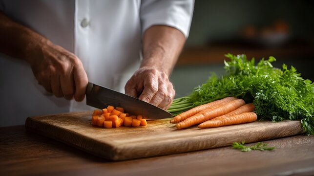 A chef meticulously chops fresh carrots on a wooden cutting board in a bright kitchen
