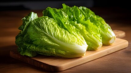 Three fresh heads of crisp romaine lettuce displayed on a natural wooden cutting board illuminated by dramatic light