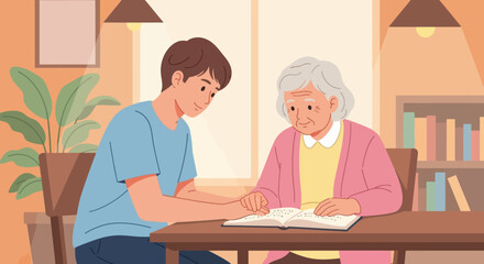 Young man helping senior woman read braille book at table. Assistance and care concept.