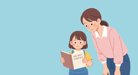 Little girl reading braille book with woman on blue background. Inclusive education.