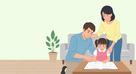 Girl learning braille with her parents in living room. Education and family concept.