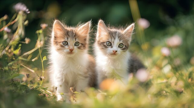 Playful kittens explore a wildflower meadow bathed in soft sunlight creating a charming heartwarming scene