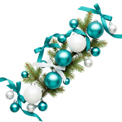 Teal and white christmas ornaments with greenery and ribbons