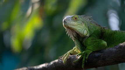 Obraz premium Vibrant green iguana portrait showcases detailed scales amidst lush tropical foliage backdrop