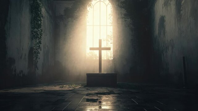 Rustic, sunlit church interior with crucifix and stained glass window.