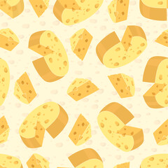 Yellow round cheese heads seamless pattern. Whole and in pieces dairy product. Milk food. Cheesy slices. Repeated print. Culinary appetizer. Gourmet Maasdam eating. Vector background