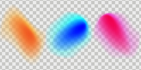 Set color circle gradient noise gradation. Abstract colorful watercolor blur mesh on isolated transparent background. Circle shape png. Gradient aura, grain neon blob noise effect vector illustration.