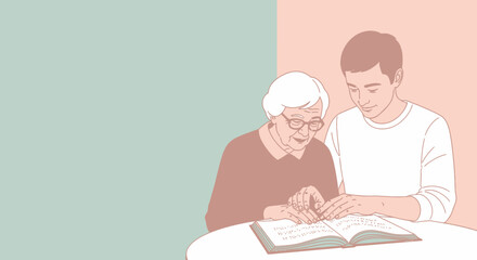 Young man assisting senior woman reading braille book at table. Inclusive education.