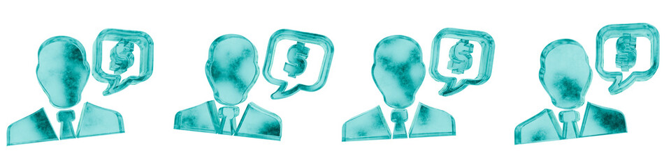 Set of four 3D financial advisor shapes in frosted blue ice glass style, isolated on a transparent background. Glassmorphism icons and 3D elements for modern graphic design.