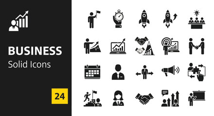 Comprehensive collection of solid black business icons illustrating growth, strategy, success, and teamwork for modern professional applications and presentations