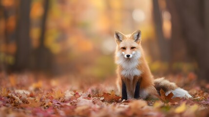 Obraz premium Charming fox portrait amidst autumn leaves a gentle wildlife moment bathed in golden light