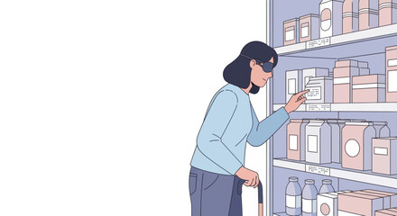 Blind woman with cane reading braille on product in store. Visually impaired shopping.