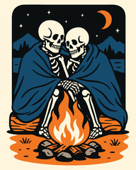 Skeleton Couple Sitting by Campfire Wrapped in Blanket Vector Illustration