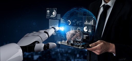 AI interacts with data analytics dashboard, reading trends, improving decisions, and enhancing insights using advanced data analytics capabilities. Vouch
