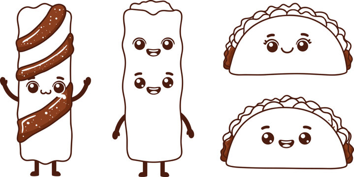 Cartoon food character set, snack taco icons, chocolate bar mascot, cute vector graphics, kids illustration pack, flat playful design
