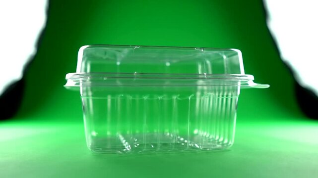 Clear Plastic Clamshell Container on Green Backdrop - Food Packaging Solution.