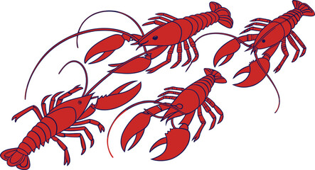 Red crayfish and lobster isolated on black and white background vector illustration