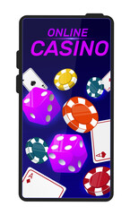 Fototapeta premium Mobile phone with game chips. Playing cards. Poker ace. Gambling dice. Text about bingo casino. Online application. Cellphone app. Gamble betting. Winner jackpot. Vector smartphone screen