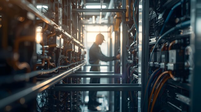 Focused technician works amidst a network of cables and servers, bathed in the glow of technology.