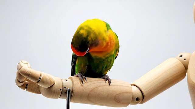 Parrot perched on wooden hand (1)