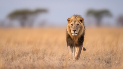 Majestic lion portrait captures serene savanna light a powerful symbol of wild beauty and regal dominance