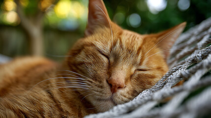 Orange tabby cat sleeping peacefully in a woven hammock orange cat sleeping cat