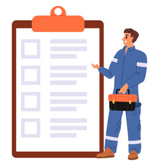 Male locksmith or plumber looks at list of tasks or repair plan. Big clipboard. Goal checklist. Builder in uniform with toolbox. Work management. Professional document. Vector concept
