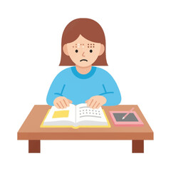 Young girl with acne problem is reading a book at her desk, skin condition concept.