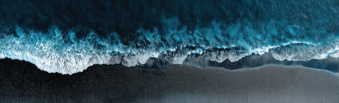 An aerial view of ocean waves crashing onto a dark sandy beach, in shades of blue and gray