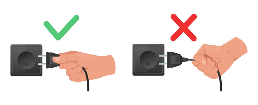 Hand with electrical plug. Correct and incorrect disconnection of connector. Unplug appliance. Electric power outlet. Electronic equipment use manual. Fingers pull cable. Vector concept