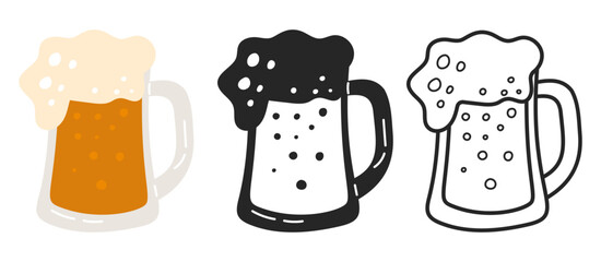 Glass goblet icons with foamy drink. Beer mug. Oktoberfest froth beverage. Full ale pint. Silhouette or line print. Color cup for alcohol. Lager bar festival. Vector brewery symbols set