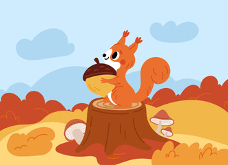 Contented squirrel with large acorn sits on stump against backdrop of beautiful autumn forest. Animal holding nut. Orange tree leaves. Autumnal nature. Wild mammal. Vector illustration