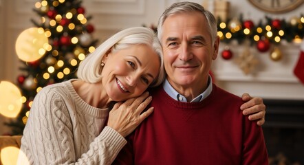 Happy senior couple smiling in a festive christmas portrait at home. Affectionate mature man and woman celebrating the winter holidays together
