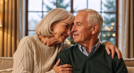 Happy senior couple in love sharing an intimate moment at home. Mature man and woman enjoying their retirement together during Christmas