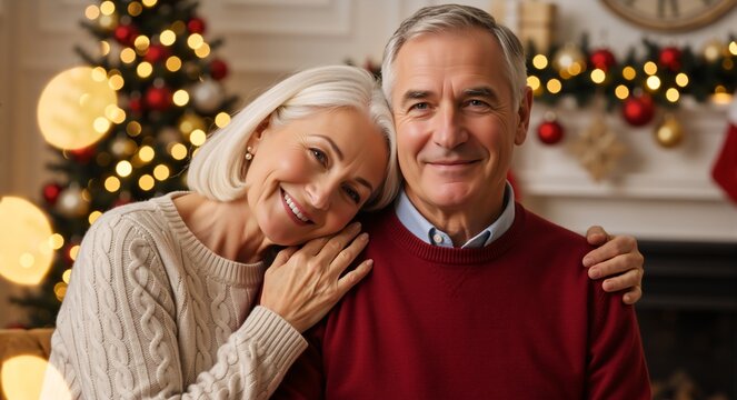Happy senior couple smiling in a festive christmas portrait at home. Affectionate mature man and woman celebrating the winter holidays together - Powered by Adobe