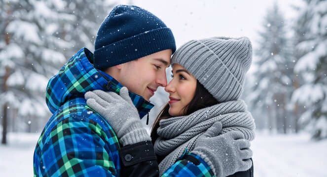 Romantic Christmas couple hugging in a snowy winter park. Happy young man and woman in love enjoying the snowfall together