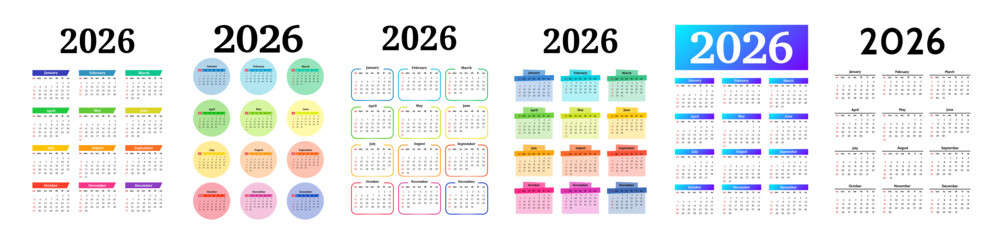 Calendar for 2026 isolated on a white background