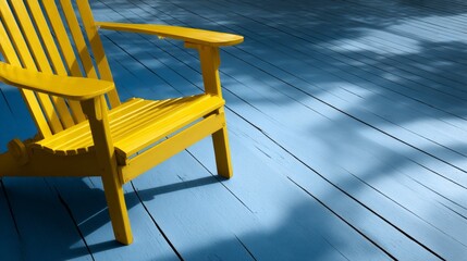 Bright yellow adirondack chair sitting on a light blue deck