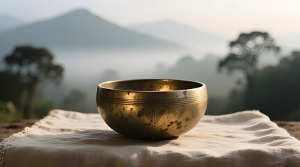 Singing Bowl on a Cloth with a Mountain View for Meditation and Spiritual Harmony

