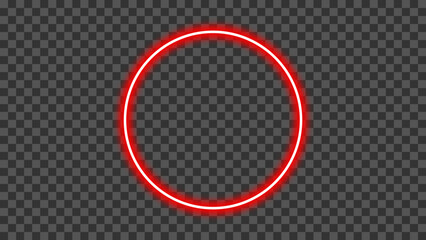 Neon glowing red circular outline frame isolated on transparent background. Red round stroke light with realistic neon glow effect. Shining neon glow blank circle. Vector illustration.