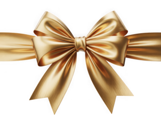 Elegant gold ribbon bow with soft folds and metallic sheen isolated isolated on transparent background