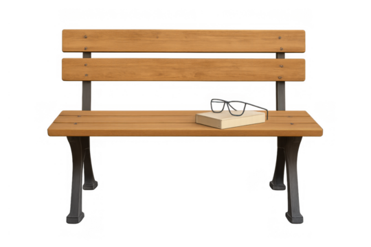 Park bench with forgotten book and eyeglasses, representing leisure, education, and moments of quiet relaxation