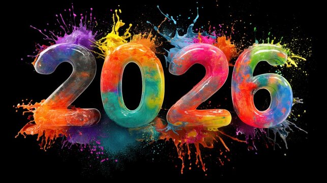 Colorful splash art design featuring the year 2026 with vibrant paint explosions on a black background for creative projects and celebrations