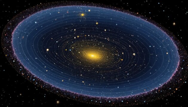 Artistic rendition of the kuiper belt and oort cloud within the solar system in space