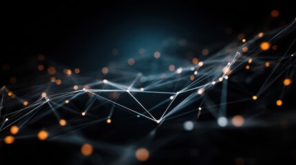 Abstract network of connections with glowing dots on a dark background, illustrating technology, data flow, and digital communication concepts